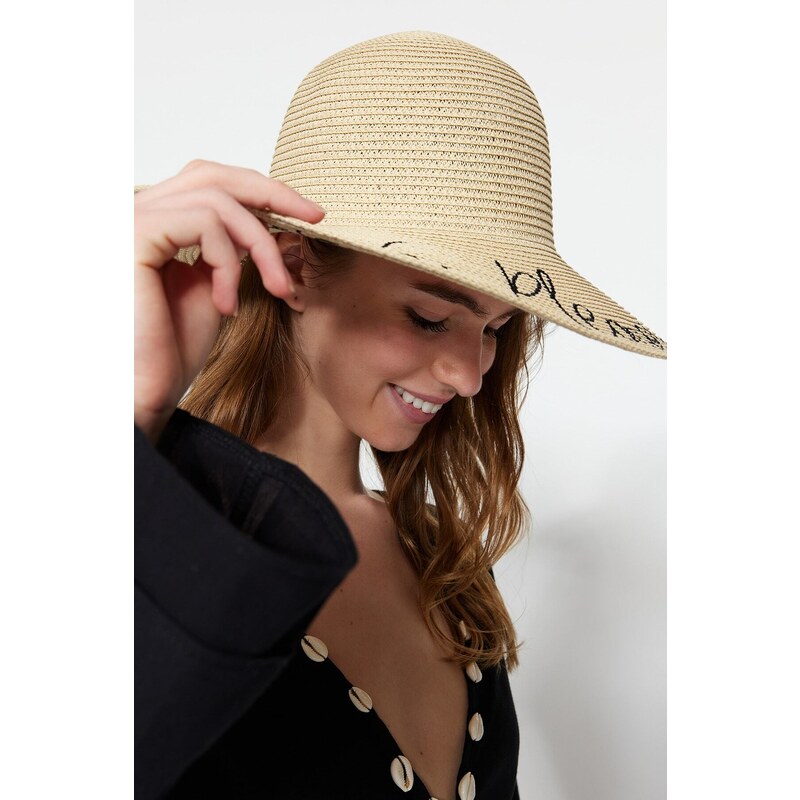 Trendyol Beige Women's Slogan Detailed Straw Flare Hat