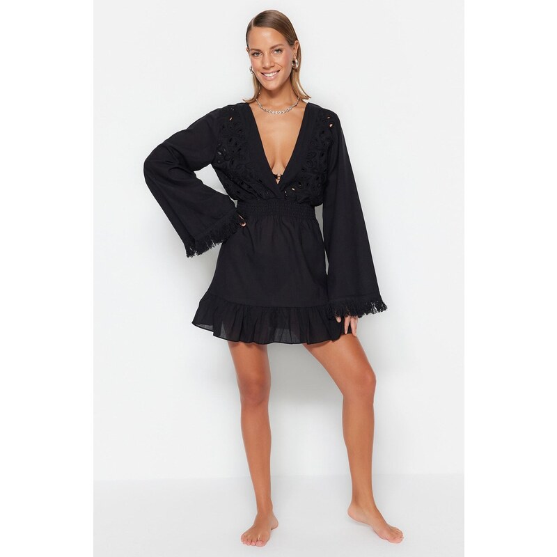 Trendyol černé mini tkané krajkové plážové šaty ze 100% bavlny