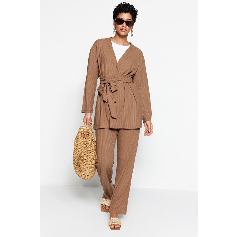 Trendyol Beige Belted Oversize Ribbed Knit Tunic-Pants Set 115606294