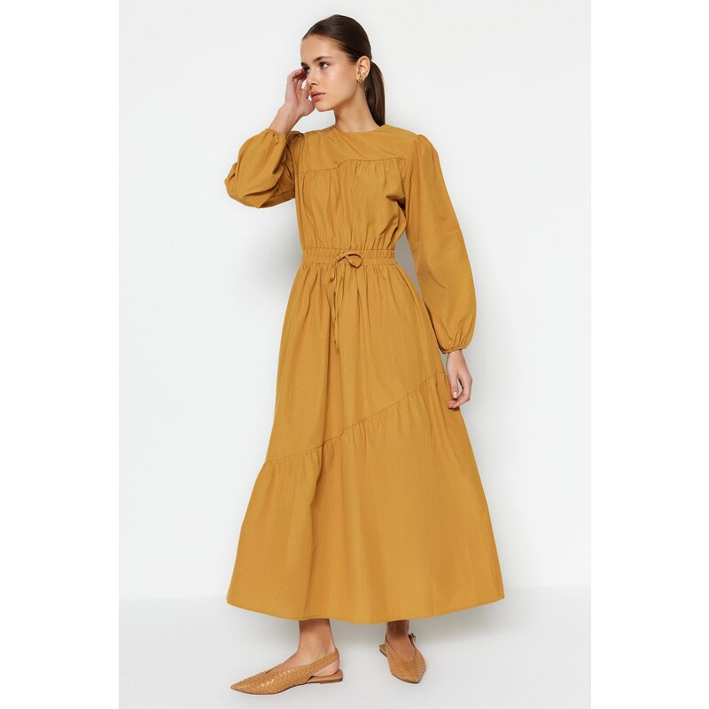 Trendyol Camel Waist Elastic Gathered Detail Cotton Woven Dress