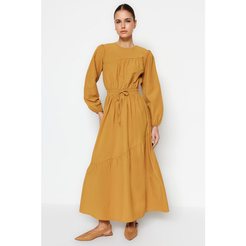 Trendyol Camel Waist Elastic Gathered Detail Cotton Woven Dress