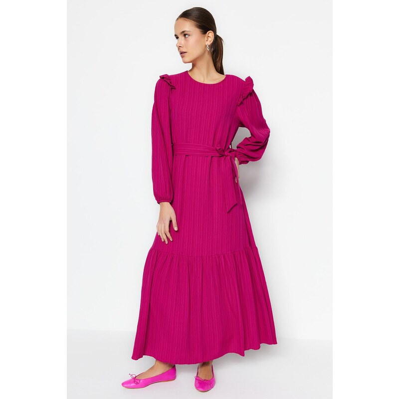 Trendyol Fuchsia páskové viskózové směsové tkané šaty s