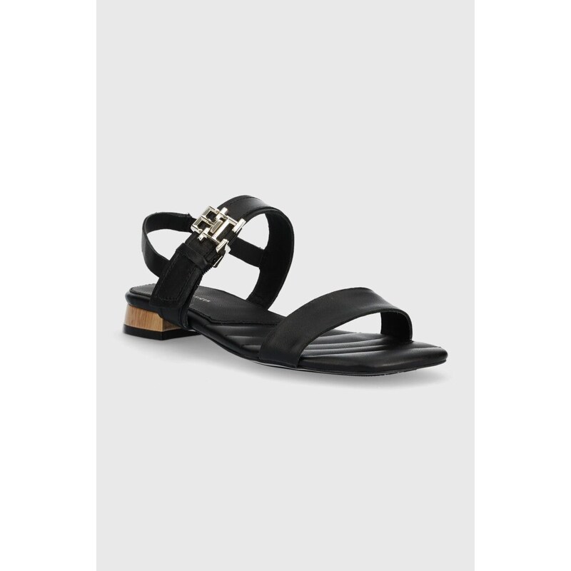 Kožené sandály Tommy Hilfiger HARDWARE FLAT SANDAL dámské, černá barva, FW0FW07094