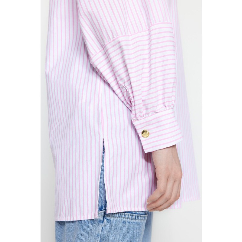 Trendyol Powder Gold Buttoned Striped Woven Cotton Tunic