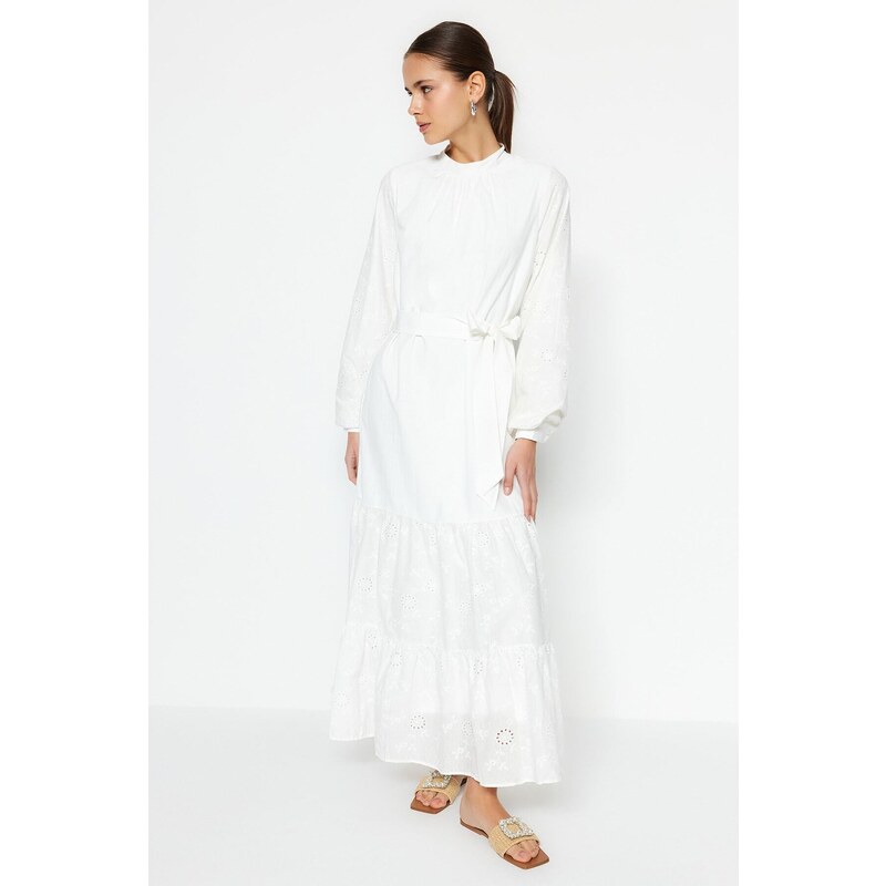 Trendyol White With Embroidery Detail, Lined Woven Dress