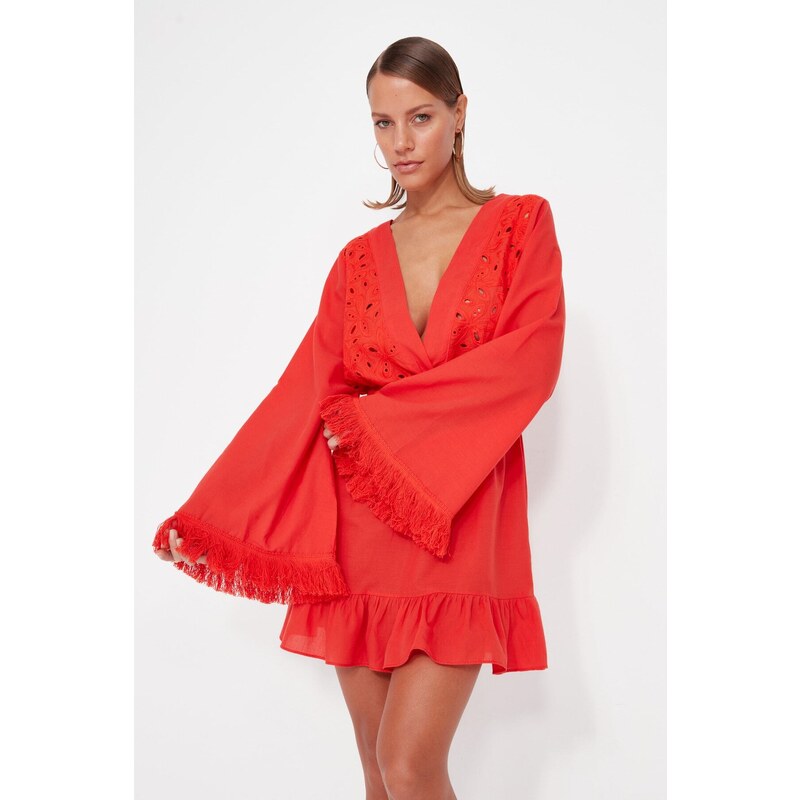 Trendyol červené mini tkané krajkové 100% bavlněné plážové šaty