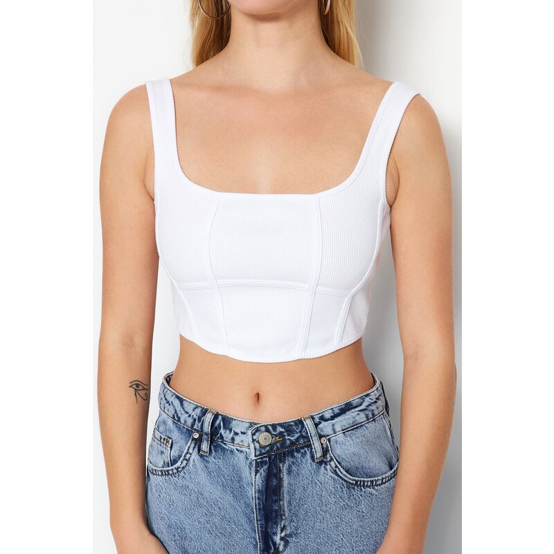 Trendyol White Corset Detail Fitted/Simple Crop Square Collar Ribbed Flexible Knitted Bustier