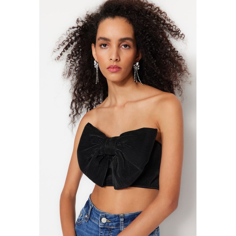 Trendyol černý pletený texturovaný crop bustier