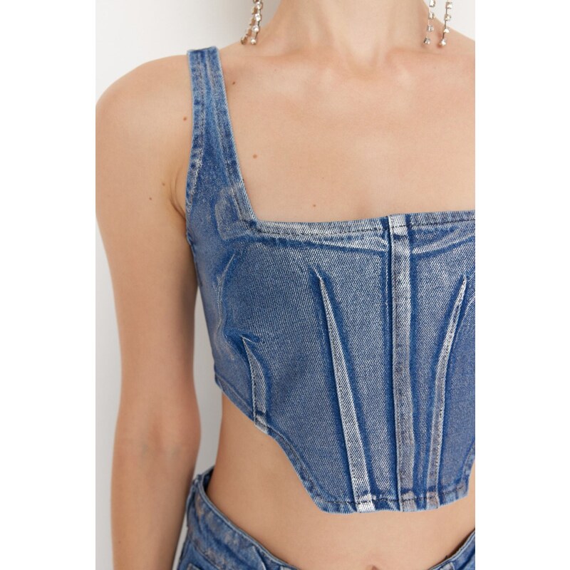 Trendyol Blue Foil Printed Denim Bustier