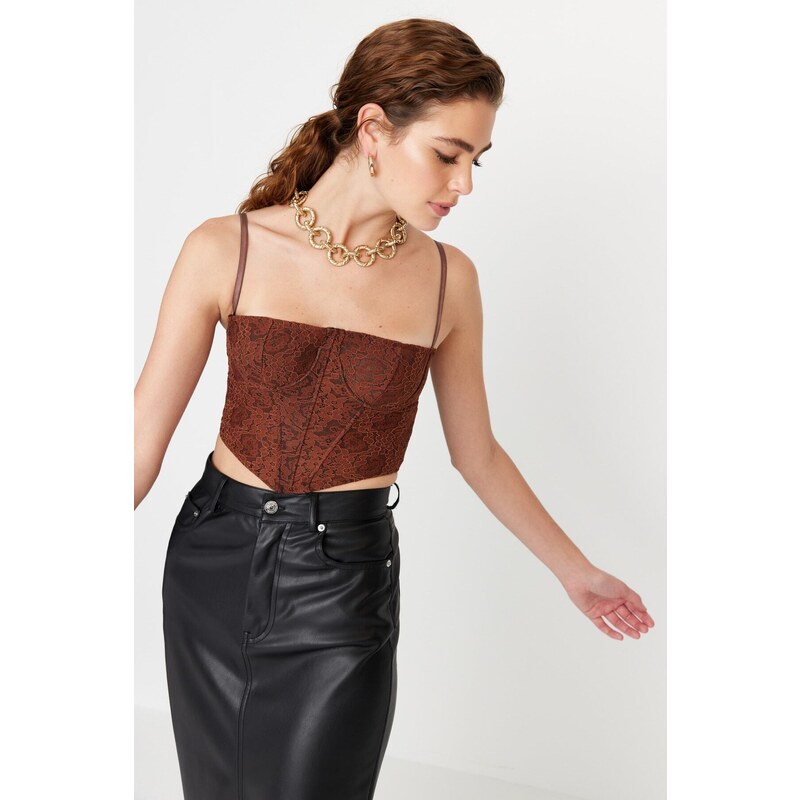 Trendyol Brown Crop Lined Corset Detailed Lace Bustier