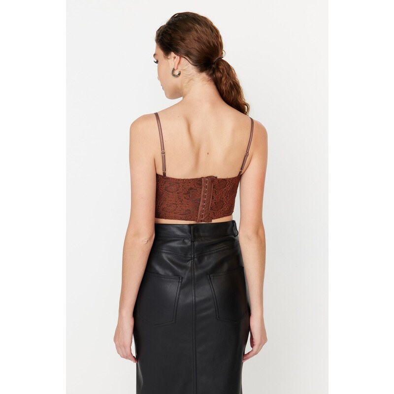 Trendyol Brown Crop Lined Corset Detailed Lace Bustier