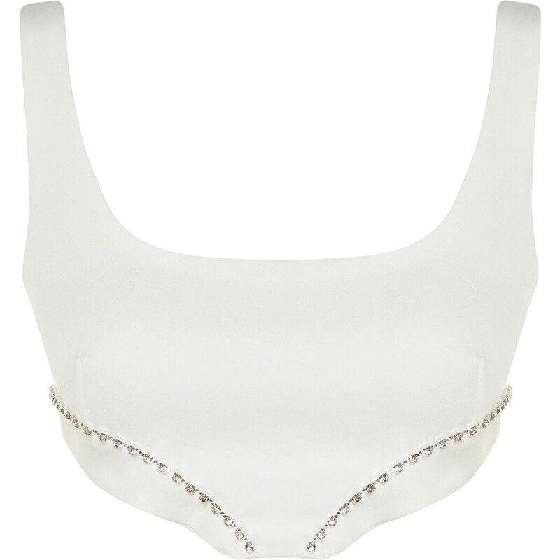 Trendyol Ecru Crop Lined Woven Bridal Bustier with Shiny Stones