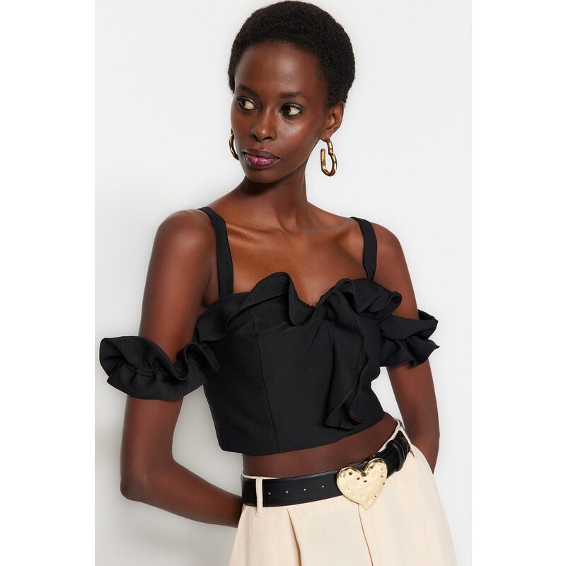 Trendyol Black Crop Lined Woven Ruffle Bustier