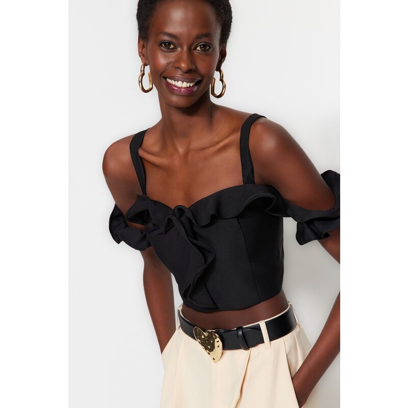 Trendyol Black Crop Lined Woven Ruffle Bustier