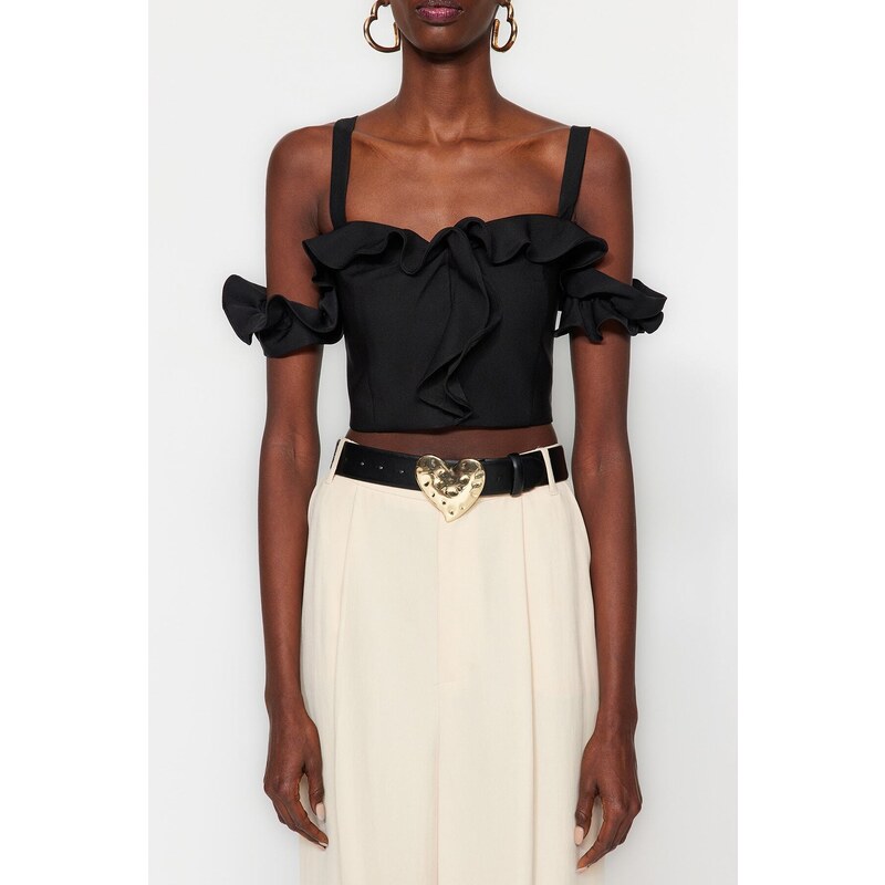 Trendyol Black Crop Lined Woven Ruffle Bustier