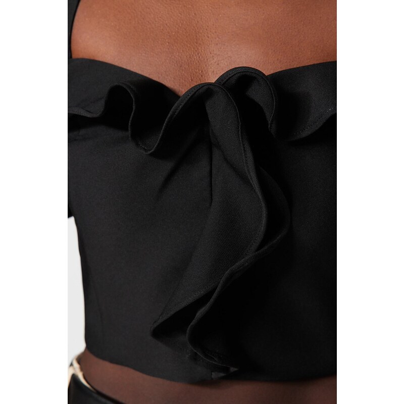 Trendyol Black Crop Lined Woven Ruffle Bustier