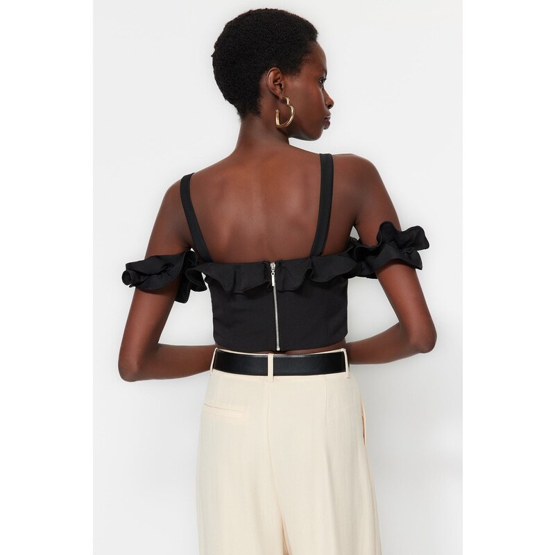 Trendyol Black Crop Lined Woven Ruffle Bustier