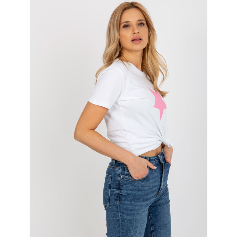 Fashionhunters Bílé a růžové dámské tričko s potiskem BASIC FEEL GOOD