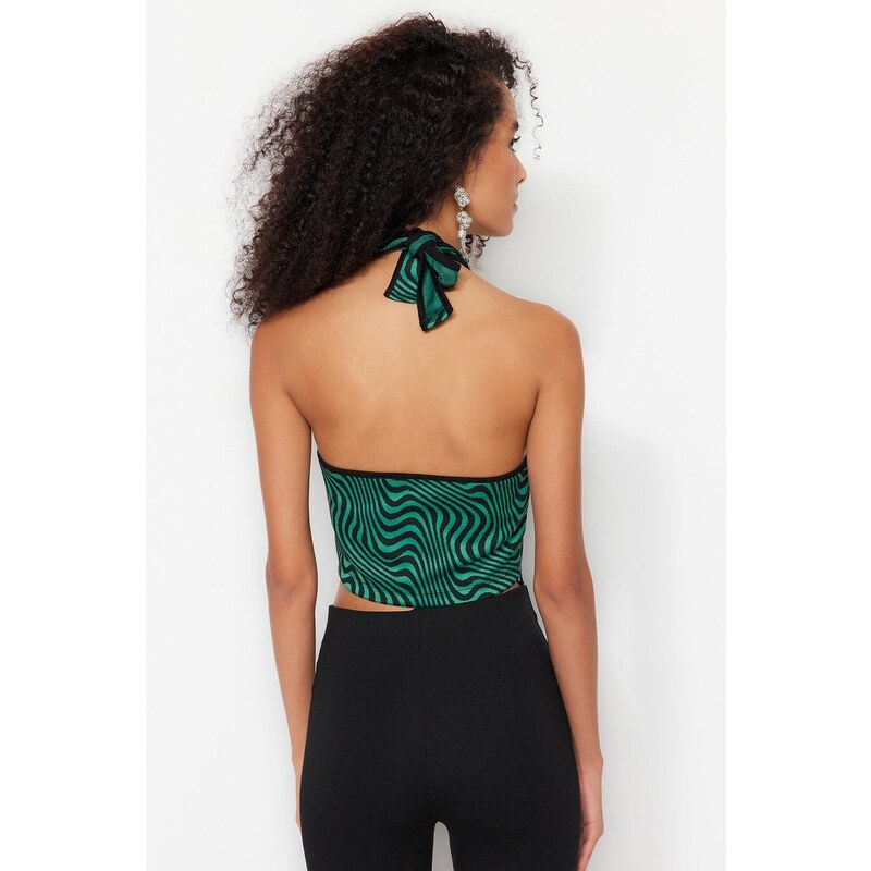 Trendyol Black-Green Crop Knitted Window/Cut Out Detailed Animal Print Bustier