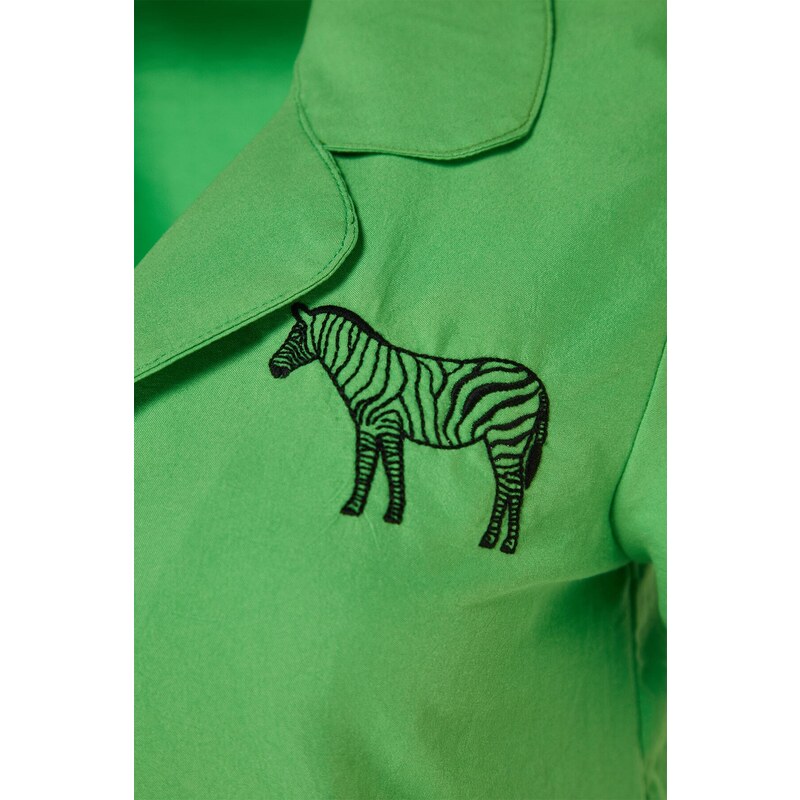 Trendyol Green Zebra Embroidered Shirt-Shorts Woven Pajamas Set