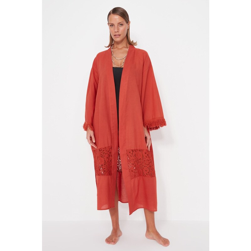 Trendyol Cinnamon Belt Maxi Woven Ruched 100% Cotton Kimono & Caftan