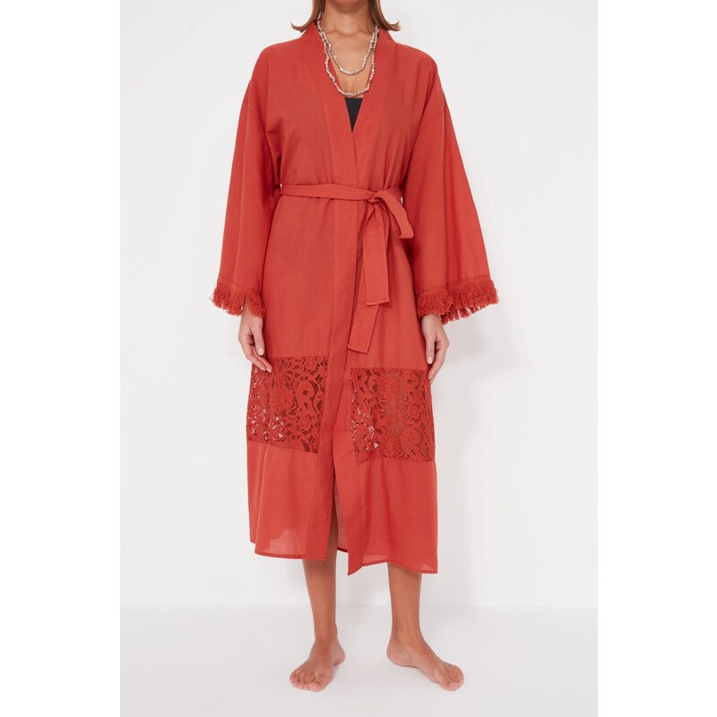 Trendyol Cinnamon Belt Maxi Woven Ruched 100% Cotton Kimono & Caftan