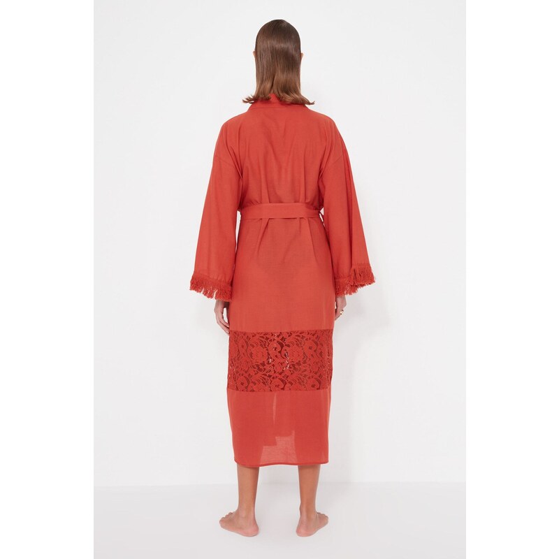 Trendyol Cinnamon Belt Maxi Woven Ruched 100% Cotton Kimono & Caftan