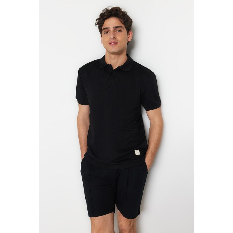 Trendyol Black Regular/Regular Fit Short Sleeve Label Appliqué Polo Neck T-shirt