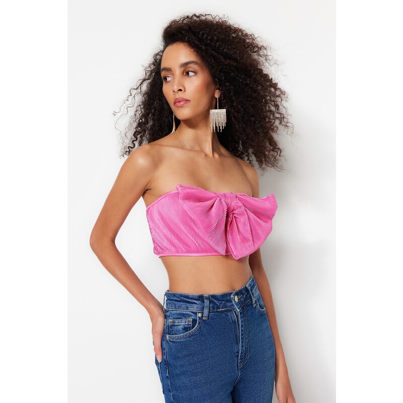 Trendyol růžový pletený texturovaný crop top bustier