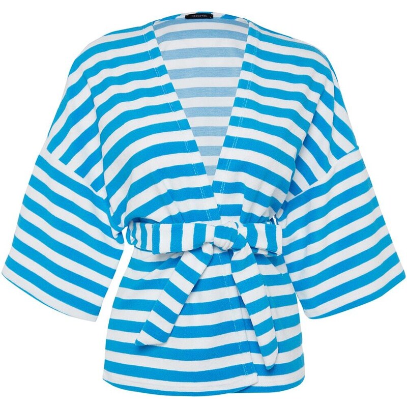 Trendyol Blue Striped Belted Mini Knitted Kimono & Caftan