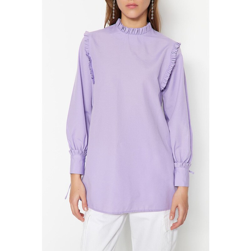 Trendyol Lilac Woven Cotton Tunic with Ruffle Shoulder and Cuff