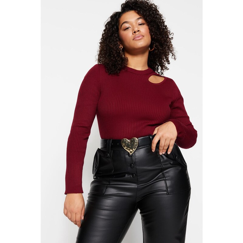 Trendyol Curve Plum Cut Out Detailed Crew Neck Thin Knitwear