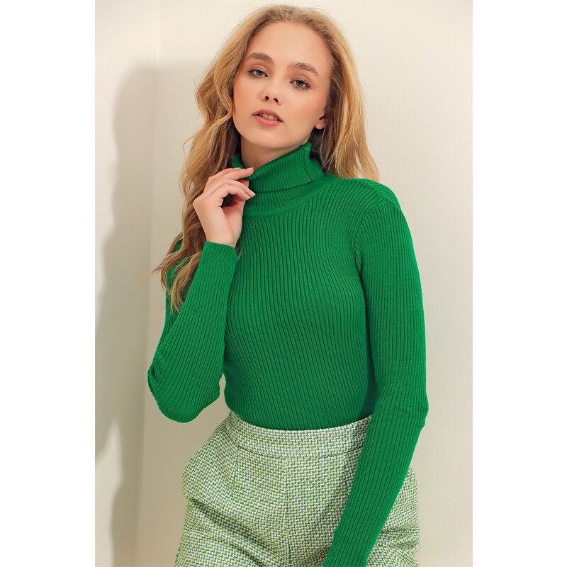 Trend Alaçatı Stili Dámský smaragdově zelený rolák žebrovaný pletený svetr