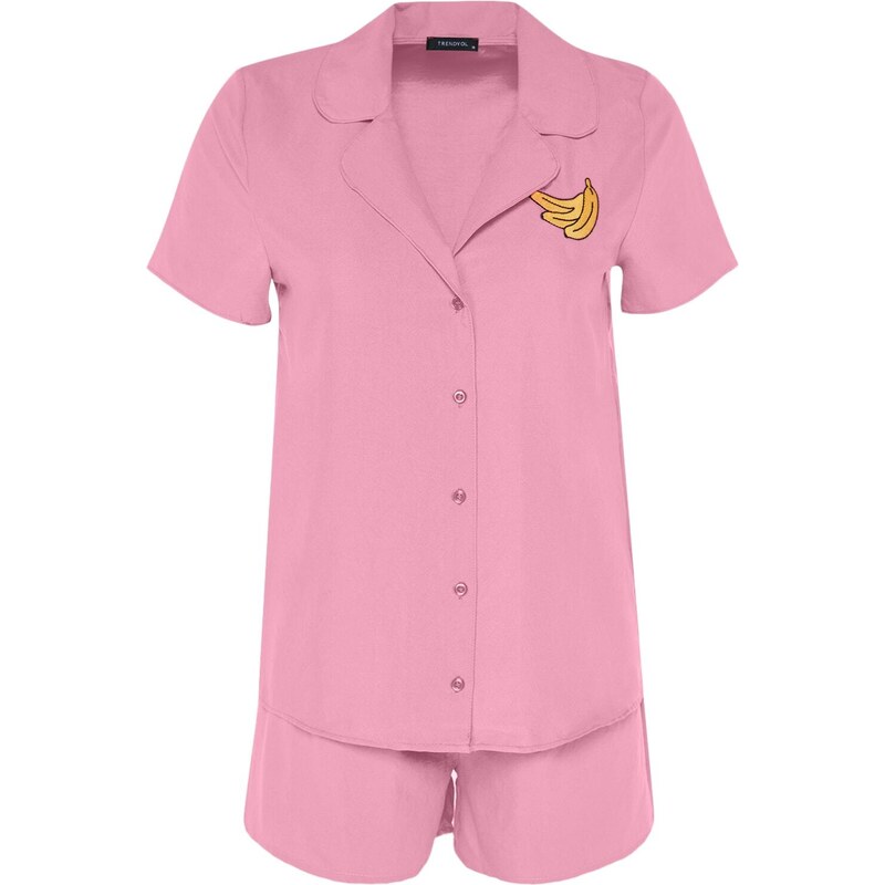 Trendyol Pink Banana Embroidered Shirt-Shorts Woven Pajama Set