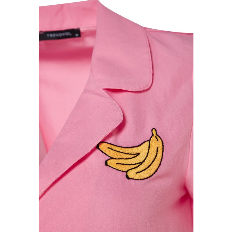 Trendyol Pink Banana Embroidered Shirt-Shorts Woven Pajama Set