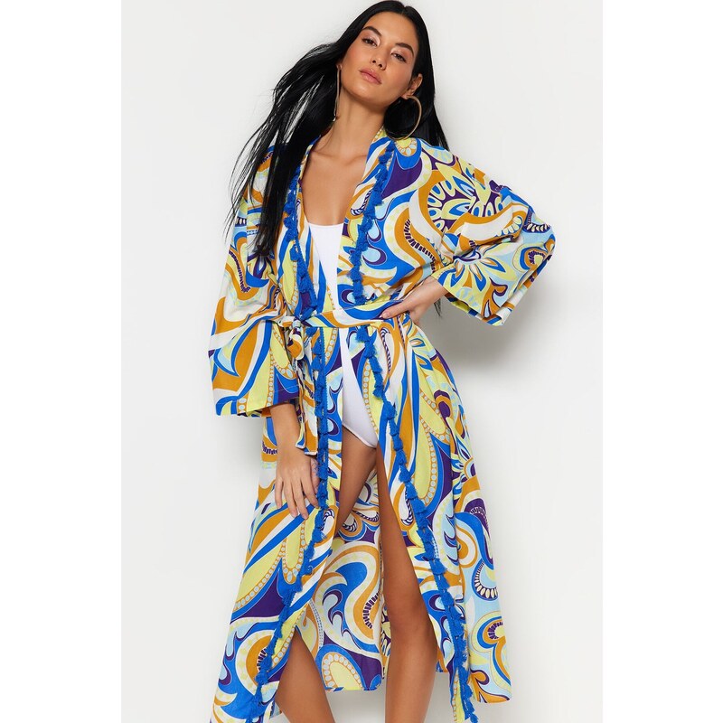 Trendyol Abstract Pattern Belted Midi Woven Kimono & Kaftan 100% Cotton With Tassels