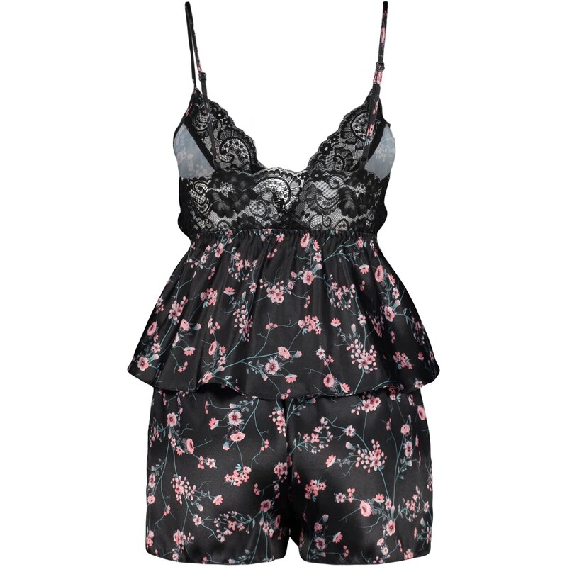 Trendyol Black Satin Floral Lace Detailed Undershirt-Shorts Woven Pajamas Set