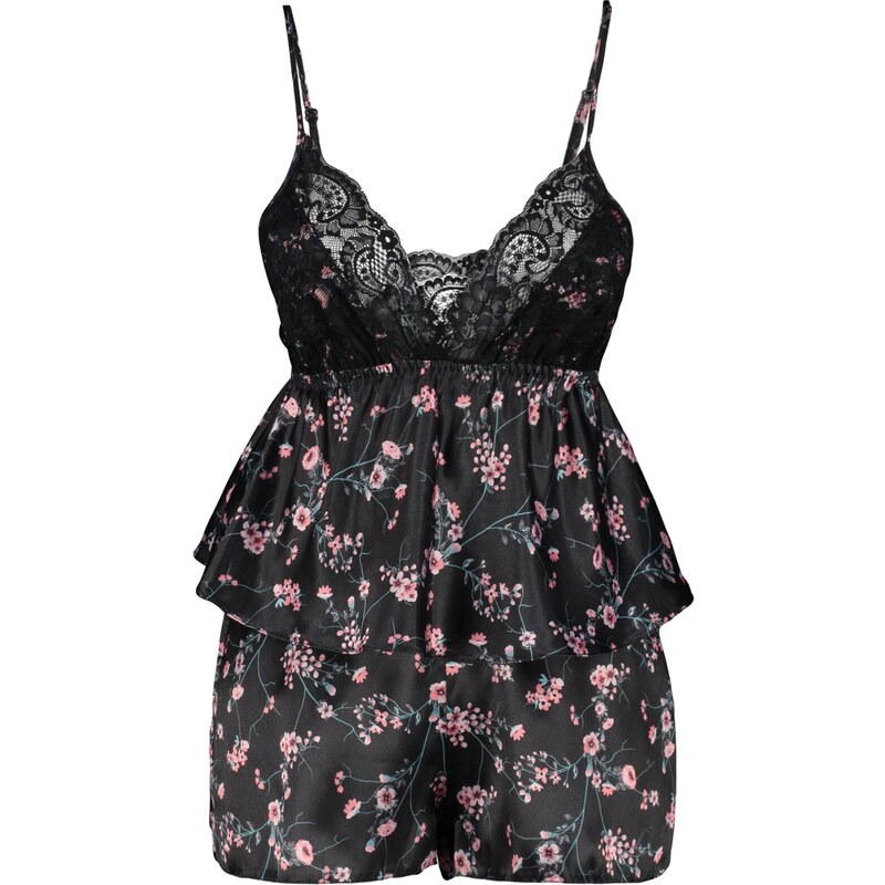 Trendyol Black Satin Floral Lace Detailed Undershirt-Shorts Woven Pajamas Set