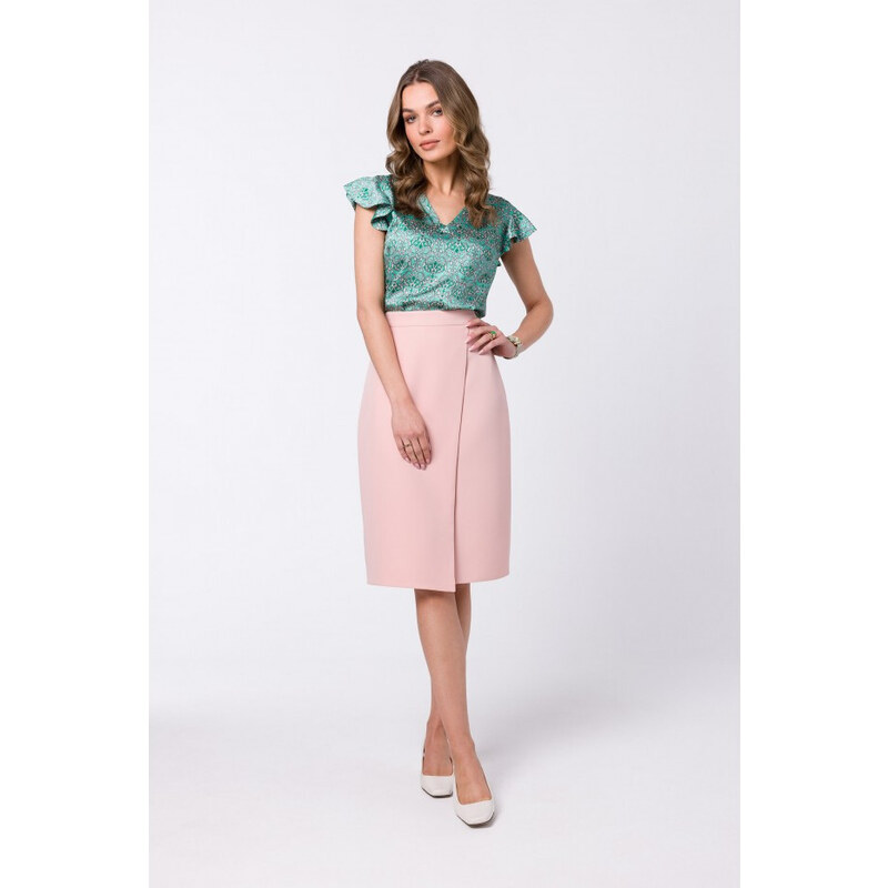STYLOVE S343 Sukně áčkového střihu se zavinovacími detaily - pudrová 79048672