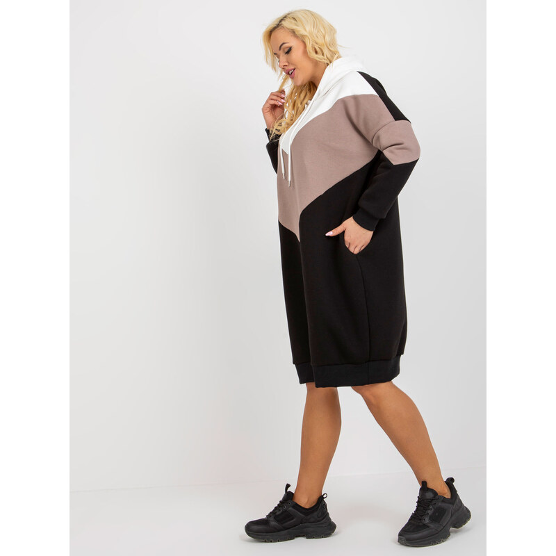Fashionhunters Ecru-černá mikina basic plus size šaty s kapucí