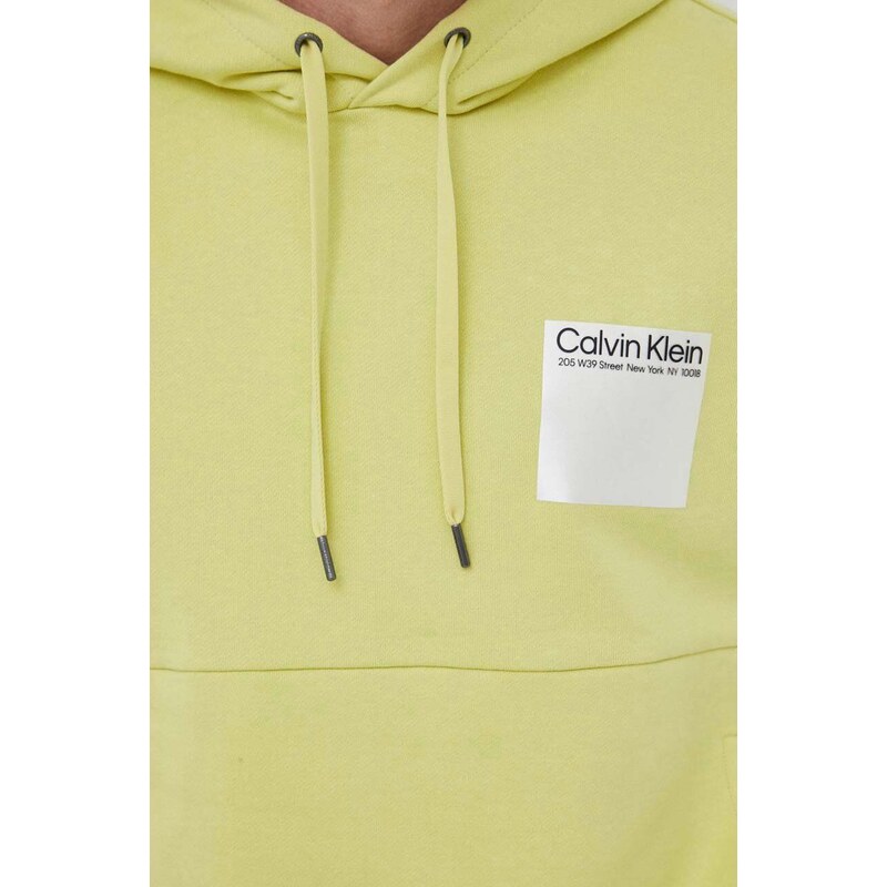 Bavlněná mikina Calvin Klein pánská, zelená barva, s kapucí, s aplikací