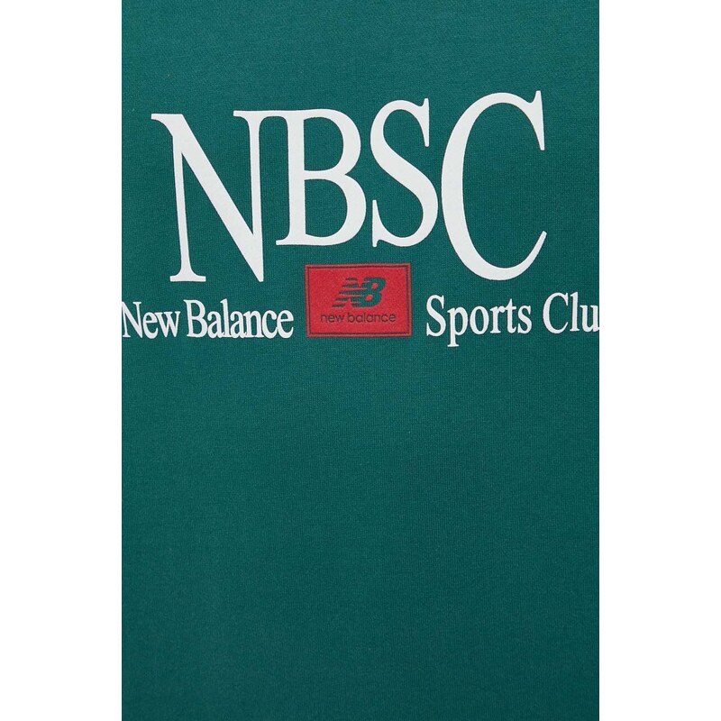 Bavlněná mikina New Balance pánská, zelená barva, s potiskem