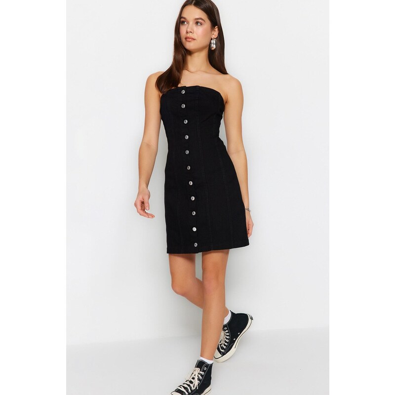 Trendyol Black Front Buttoned Mini Denim Dress