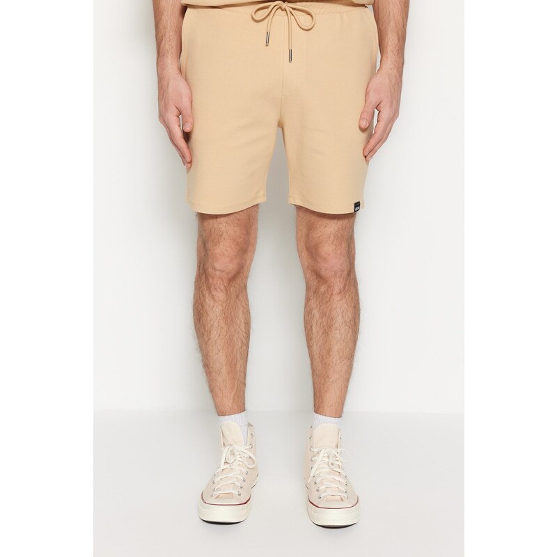 Trendyol Limited Edition Beige Regular 100% Cotton Label Detail Textured Shorts