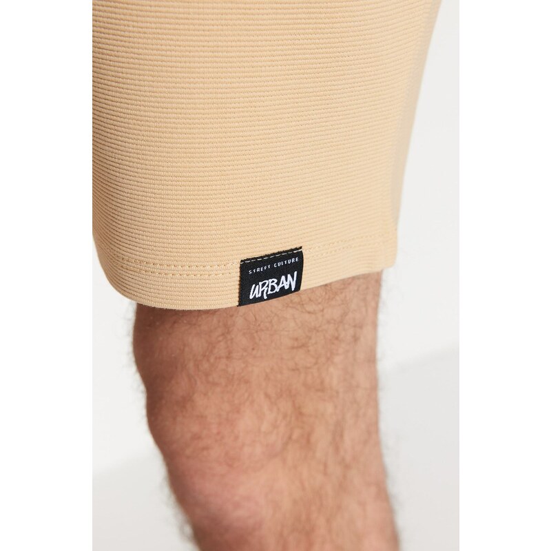 Trendyol Limited Edition Beige Regular 100% Cotton Label Detail Textured Shorts