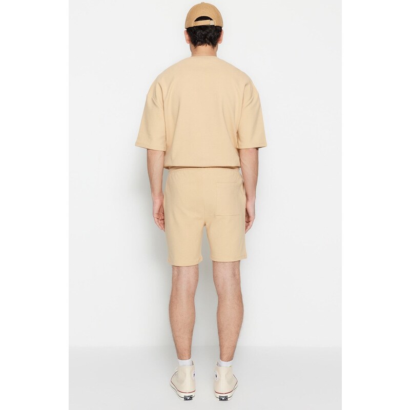 Trendyol Limited Edition Beige Regular 100% Cotton Label Detail Textured Shorts