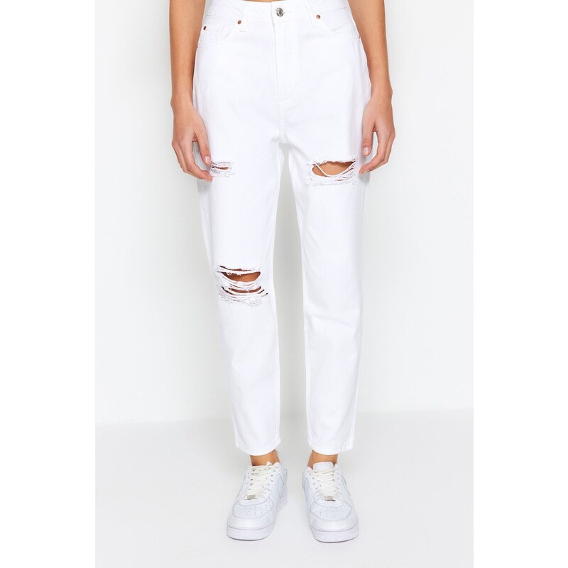 Trendyol Bílé roztrhané džíny s vysokým pasem