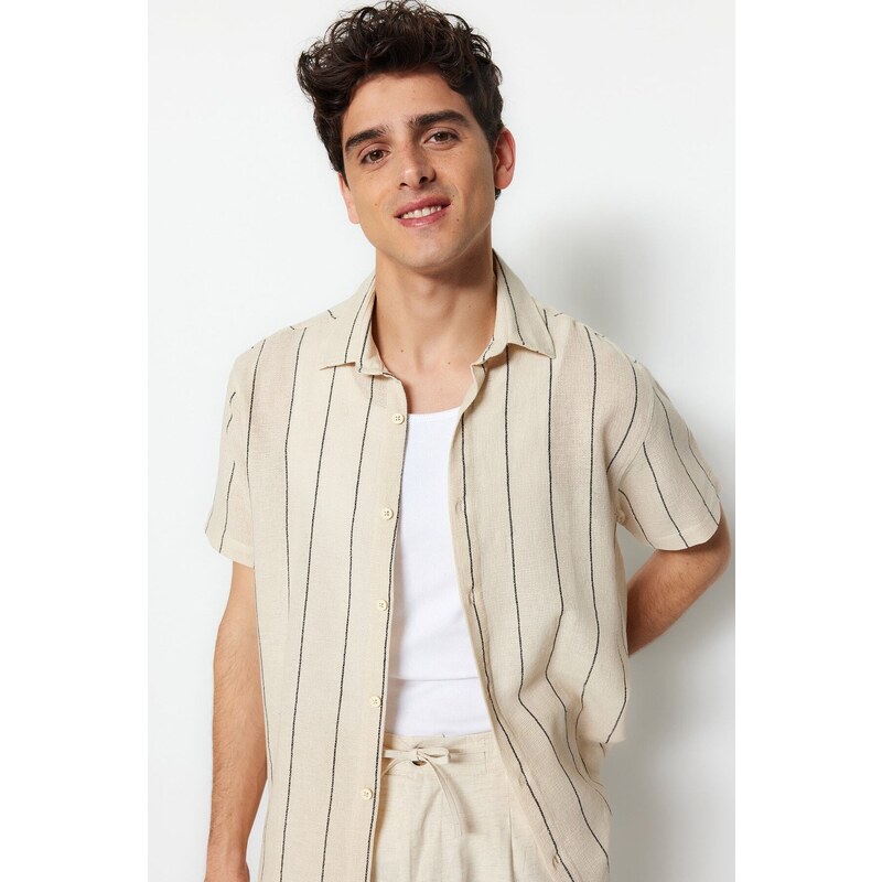 Trendyol Limited Edition Black Regular Fit Striped Textured Summer Shirt