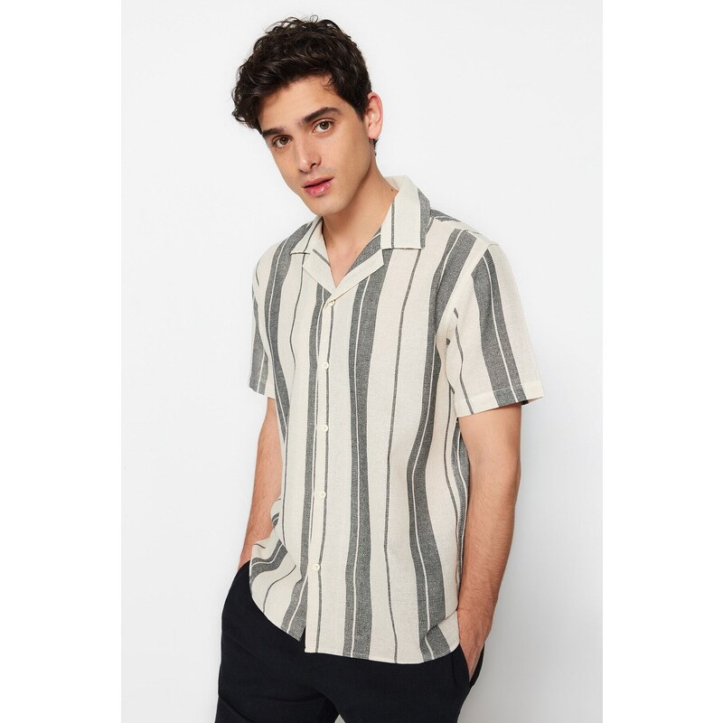 Trendyol Limited Edition Black Regular Fit Striped Textured Summer Shirt