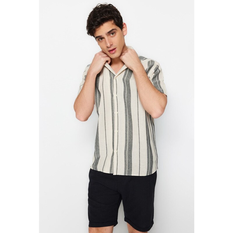 Trendyol Limited Edition Black Regular Fit Striped Textured Summer Shirt